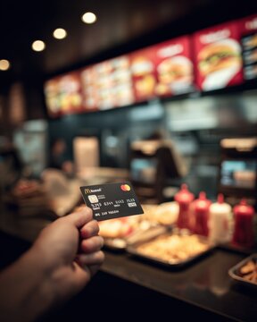 Close-up of person holding a card at a fast food restaurant counter, showcasing convenience and financial transactions