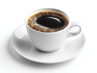 Fototapeta premium Aromatic Black Coffee in White Cup and Saucer, Caffeine Beverage for Morning Energy Boost