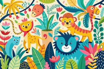 Vibrant jungle animals in playful vector art, cute bears, tigers and more, whimsical illustration perfect for children's designs, posters, and educational materials, colorful and fun