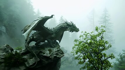 A fantasythemed digital artwork featuring a majestic dragon statue perched atop a rocky outcrop. The dragon is intricately detailed with scales, wings, and a fierce expression.