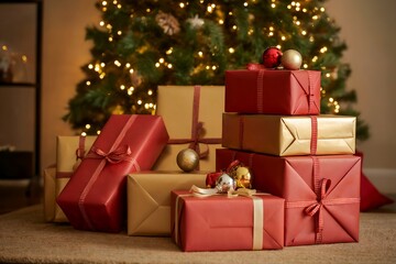 Pile of wrapped christmas presents under the christmas tree with festive decorations