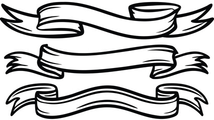 Obraz premium Illustration of three decorative banners with black outlines and white fill on a white background