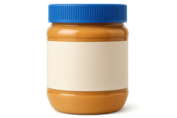 Peanut butter jar with blank white label and blue lid on transparent background