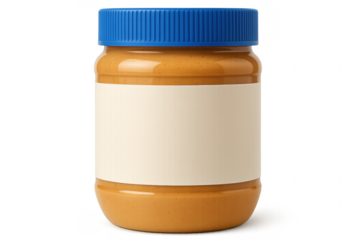 Peanut butter jar with blank white label and blue lid on transparent background
