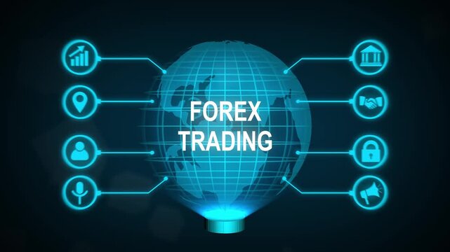 FOREX TRADING, new business concept, new business concept tee icon attached around the map features the concept of network and technology confirmed the map is rotating ,specify all icons