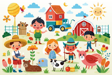 Cheerful cartoon farm scene featuring happy children, farm animals, and agricultural elements, perfect for educational materials or kid-friendly designs with a playful feel and vibrant colors