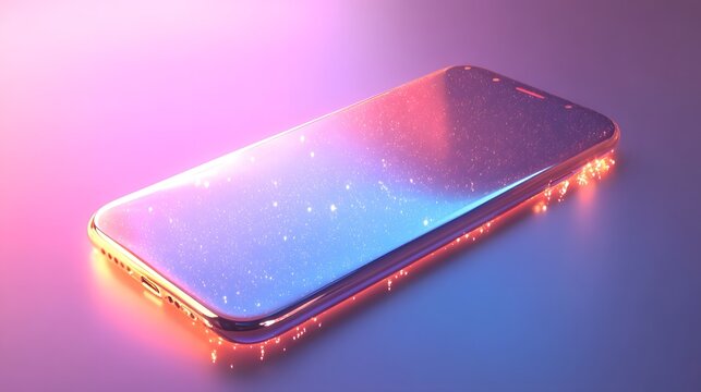 3D render of a smartphone overlaid with sparkling, glowing red wires on a gradient blue-to-red background. - Powered by Adobe