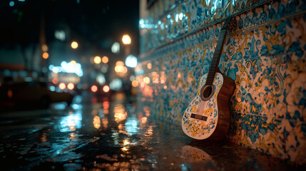 Decorated acoustic guitar by azulejo wall at night with rain reflections