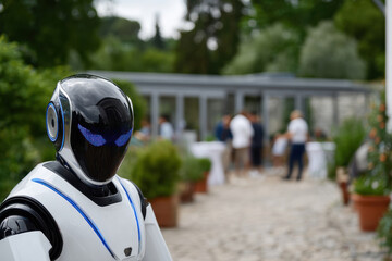 Fototapeta premium A humanoid robot stands elegantly in a social gathering, emphasizing the growing role of AI companions in human interactions and social environments.
