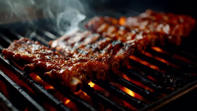 barbecue ribs cooking on a grill with flames and smoke.