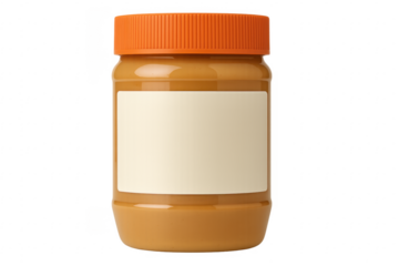 Peanut butter jar with blank label and orange cap on transparent background