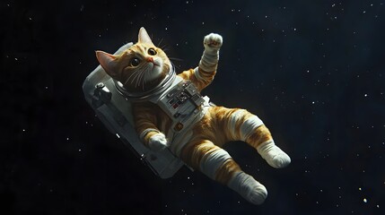 Digital illustration of an orange cat wearing a spacesuit floats in the vastness of space.