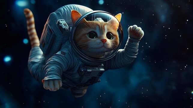 Digital illustration depicts a cat in a spacesuit floating amidst a starry, dark expanse.