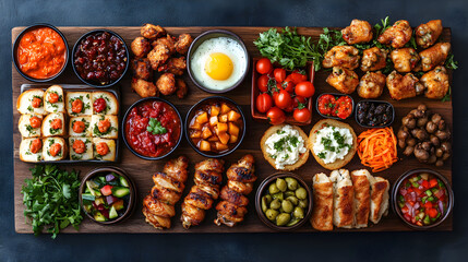 Fototapeta premium Overhead vertical layout of mixed appetizers, canapés, and finger food on a natural wooden serving tray, perfect for catering services, party menus, and hospitality-themed promotional visuals