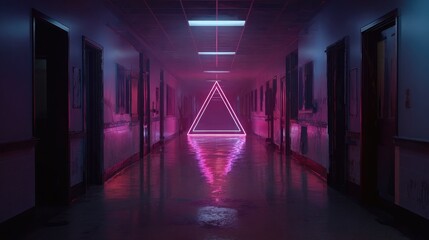 Electric purple neon triangle illuminating a dark hallway in a futuristic setting