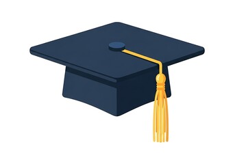Dark blue graduation cap with gold tassel, isolated on white background.