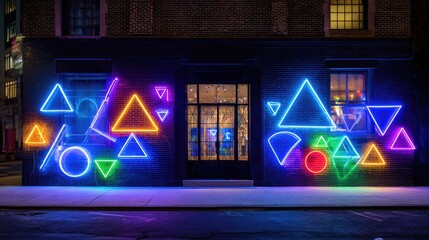 Glowing neon outlines of geometric shapes lighting up a black wall