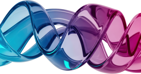 Abstract swirling glass ribbon with gradient colors of blue and purple smooth curves wave shape modern transparent background