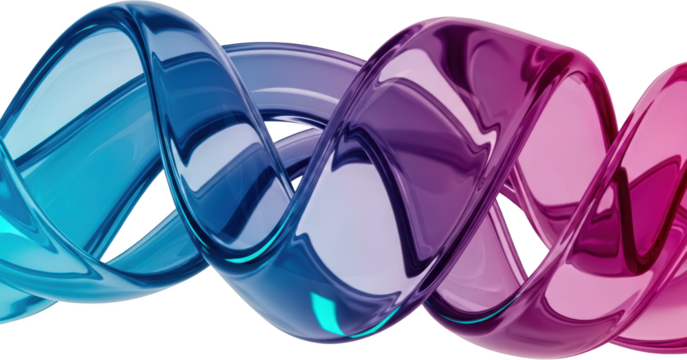 Abstract swirling glass ribbon with gradient colors of blue and purple smooth curves wave shape modern transparent background