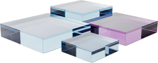 Clear acrylic geometric blocks with blue and purple tinting arrange into a composition Transparent Shape transparent background