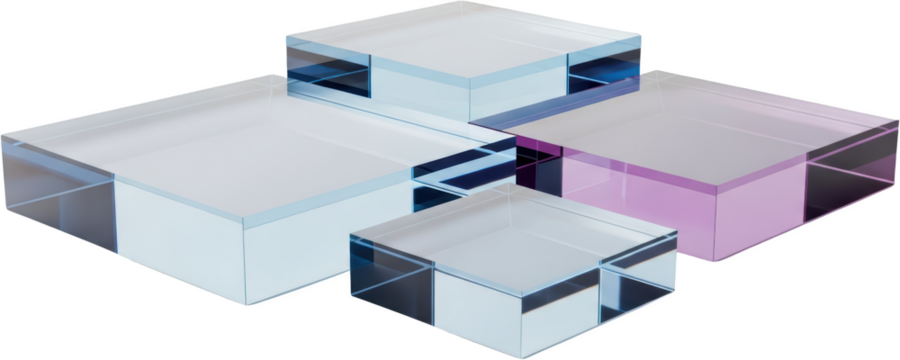 Clear acrylic geometric blocks with blue and purple tinting arrange into a composition Transparent Shape transparent background