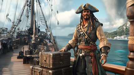 Fototapeta premium Digital illustration of a pirate standing on a ship's deck with treasure chests.