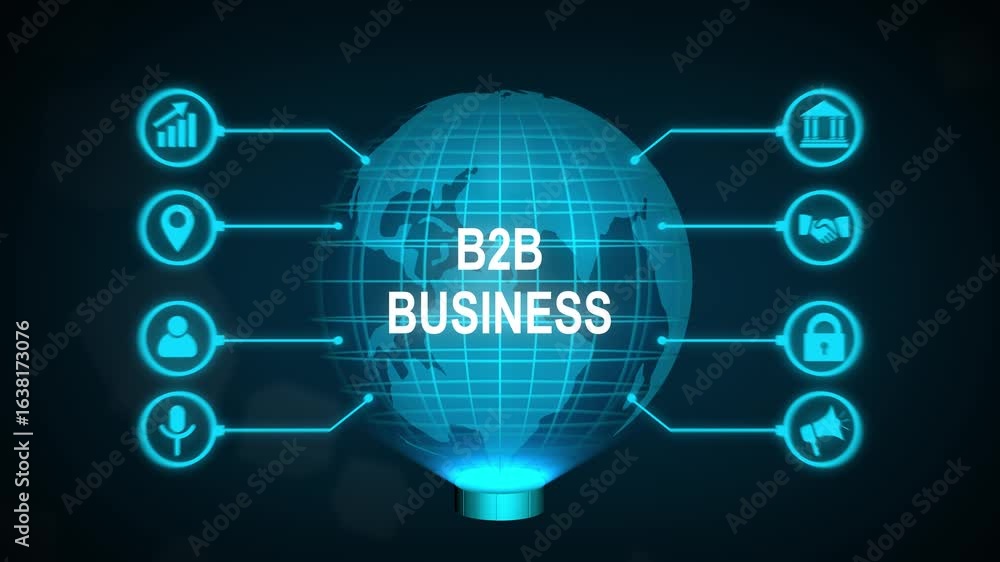 Poster b2b business company commerce technology, new business concept tee icon attached around the map feat