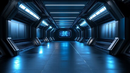 Fototapeta premium Illuminated Metallic Corridor with Futuristic Display in Blue