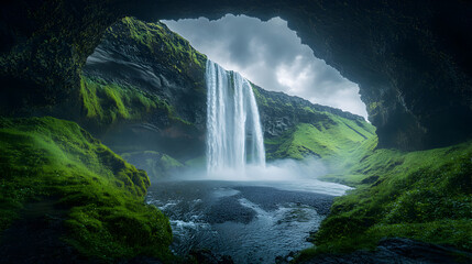 Fototapeta premium Stunning landscape of a powerful waterfall seen from inside a dark cave, with moody gray clouds overhead, ideal for tourism advertising, nature calendars, and adventure stock photography collections