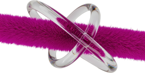 Intertwined transparent torus intersecting a vibrant fuchsia fluffy stripe graphic abstract art background transparent background