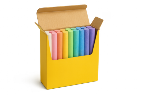 Colorful Chalk Sticks in Open Yellow Box on Transparent Background