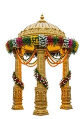 Golden gazebo mandap with floral decoration, traditional Indian wedding, festive design element.