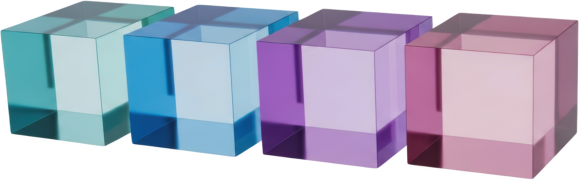 Four transparent colored glass cubes arranged in a row showing light refraction and shadows geometry transparent background - Powered by Adobe