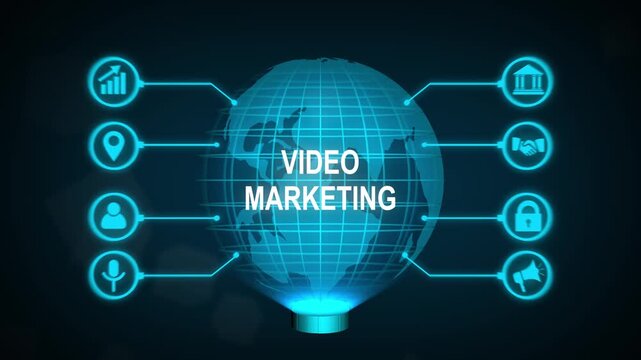 Video marketing and advertising concept ,new business concept ,tee icon attached around the map features the concept of network and technology confirmed. the map is rotating ,specify all icons