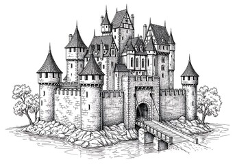 Detailed black and white drawing of a medieval castle with towers, walls, and a drawbridge over a moat.