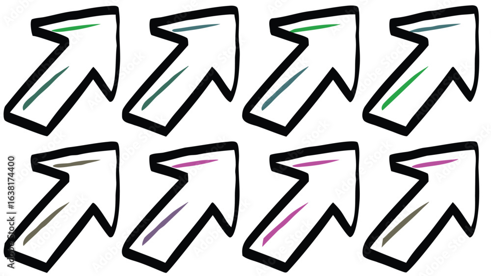 Poster array of eight white arrows pointing diagonally up and right with colored accent lines and black out