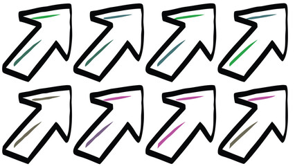 Obraz premium Array of eight white arrows pointing diagonally up and right with colored accent lines and black outlines