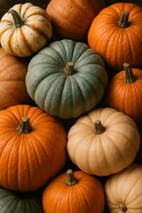Assorted pumpkins and squash in rustic tones—orange, green, and white—perfect autumn harvest background or seasonal decor.