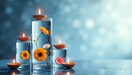 Decorative candles and flowers in glass vases