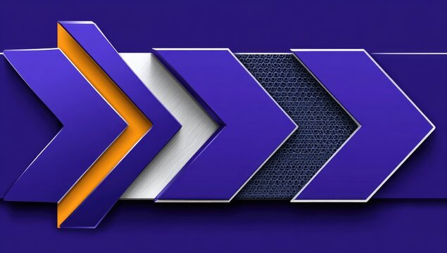 Three overlapping, 3D arrows in purple, white, and orange, set against a deep purple background