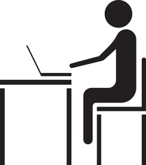 Minimal work vector silhouette illustration, isolated black and white vector silhouette of working on a laptop.