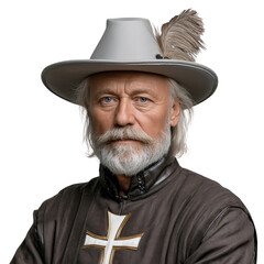 Historical Figure in Western Attire with Gray Beard and Feathered Hat, Portraying a Courageous Leader