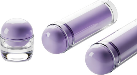 Three translucent cosmetic containers with lavender colored spheres isolate purple beauty skincare transparent background