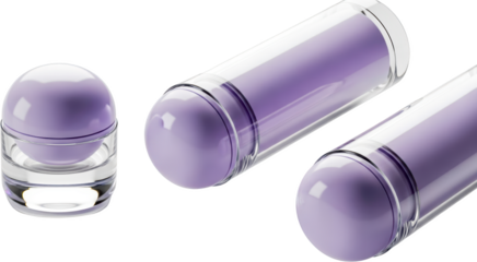 Three translucent cosmetic containers with lavender colored spheres isolate purple beauty skincare transparent background