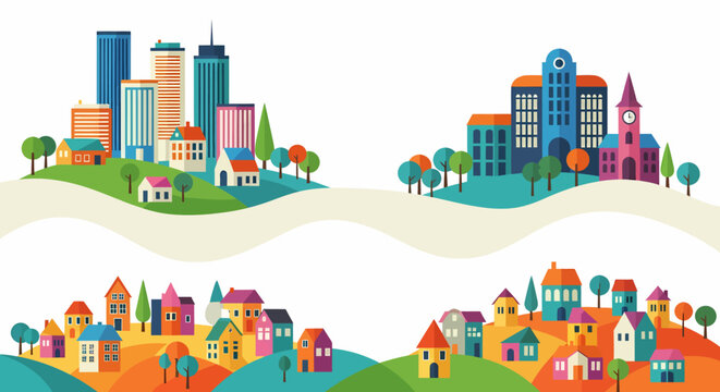 Flat vector cityscape with colorful buildings and green hills
