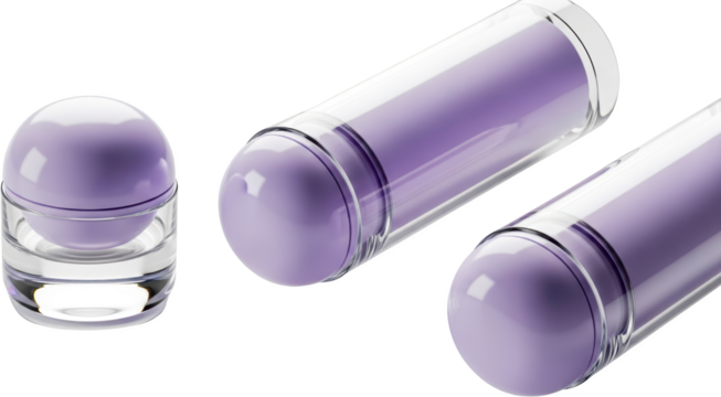 Three translucent cosmetic containers with lavender colored spheres isolate purple beauty skincare transparent background