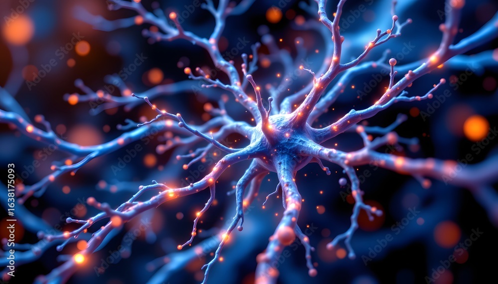 Poster neuron: an artistic representation of a neuron with intricate dendrites and axon branches, illuminat
