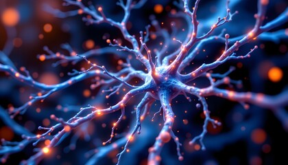 Neuron: An artistic representation of a neuron with intricate dendrites and axon branches, illuminated with vibrant lights, symbolizing the complexities of the human brain.
