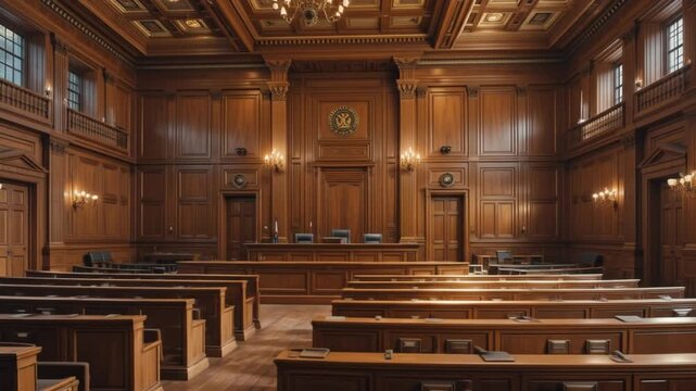 Elegant wooden courtroom interior with benches, lighting, and a judge's bench in the center. 4k video