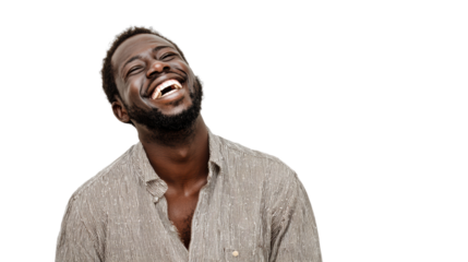 A smiling man laughing joyfully, isolated on a white background, showcasing happiness and positivity.
